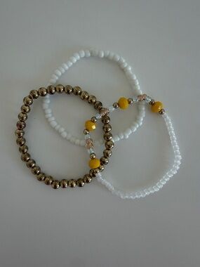 White and Gold Beaded Stretch Bracelet Set - Women Jewelry